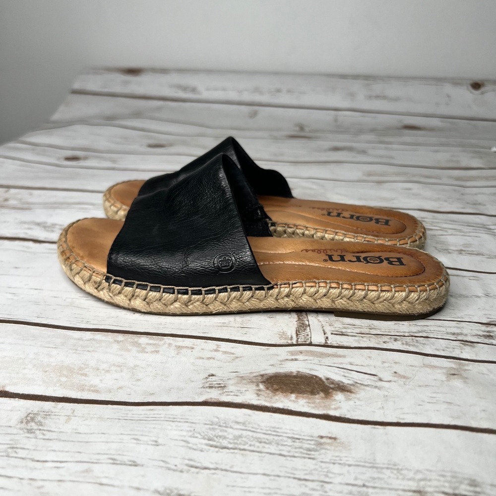 Born Drilles Slide Sandals Black Leather Espadrille Flat Women 8M